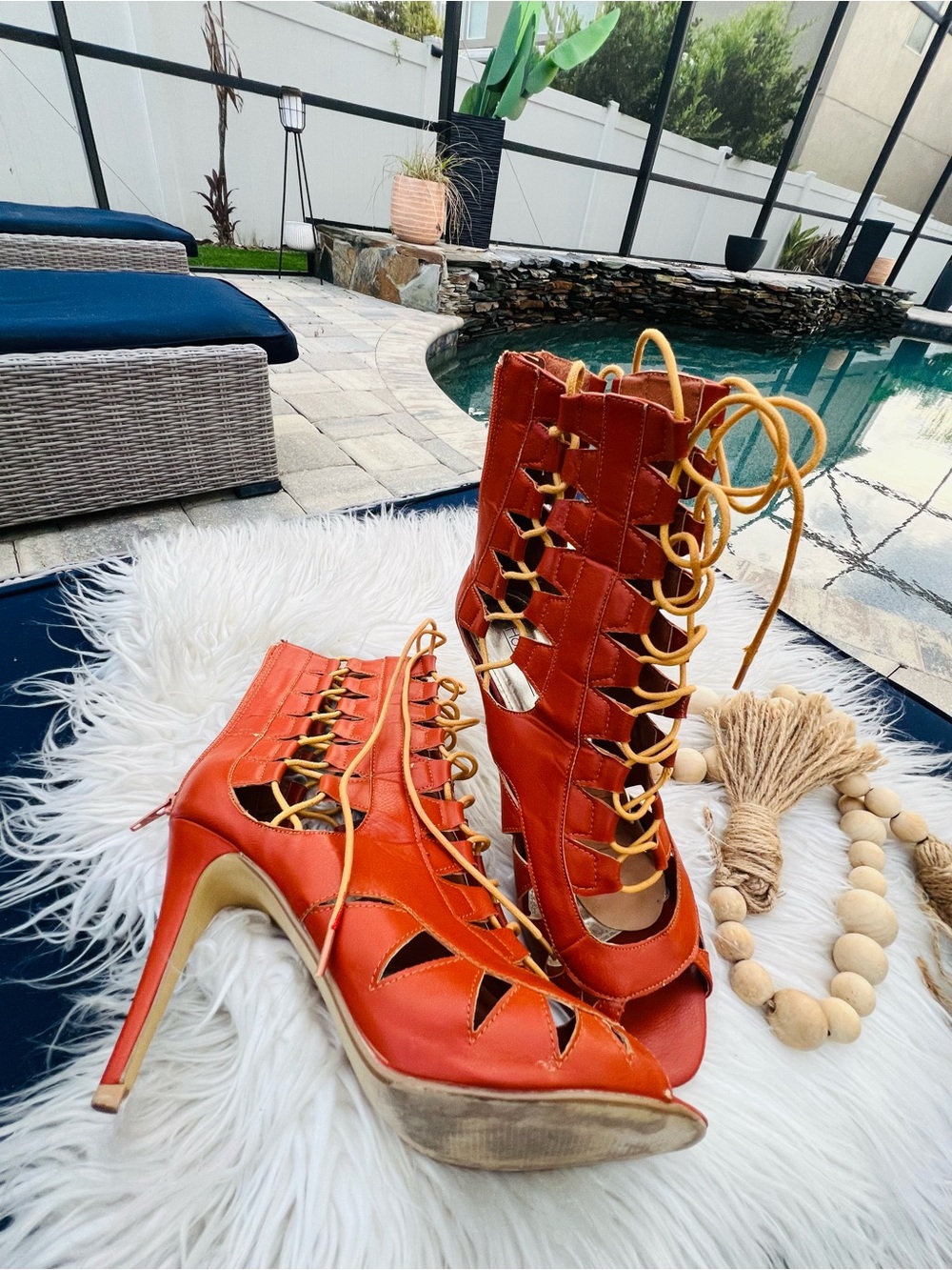 Women's Burnt Orange Lace-Up High Heel Calf Length boots